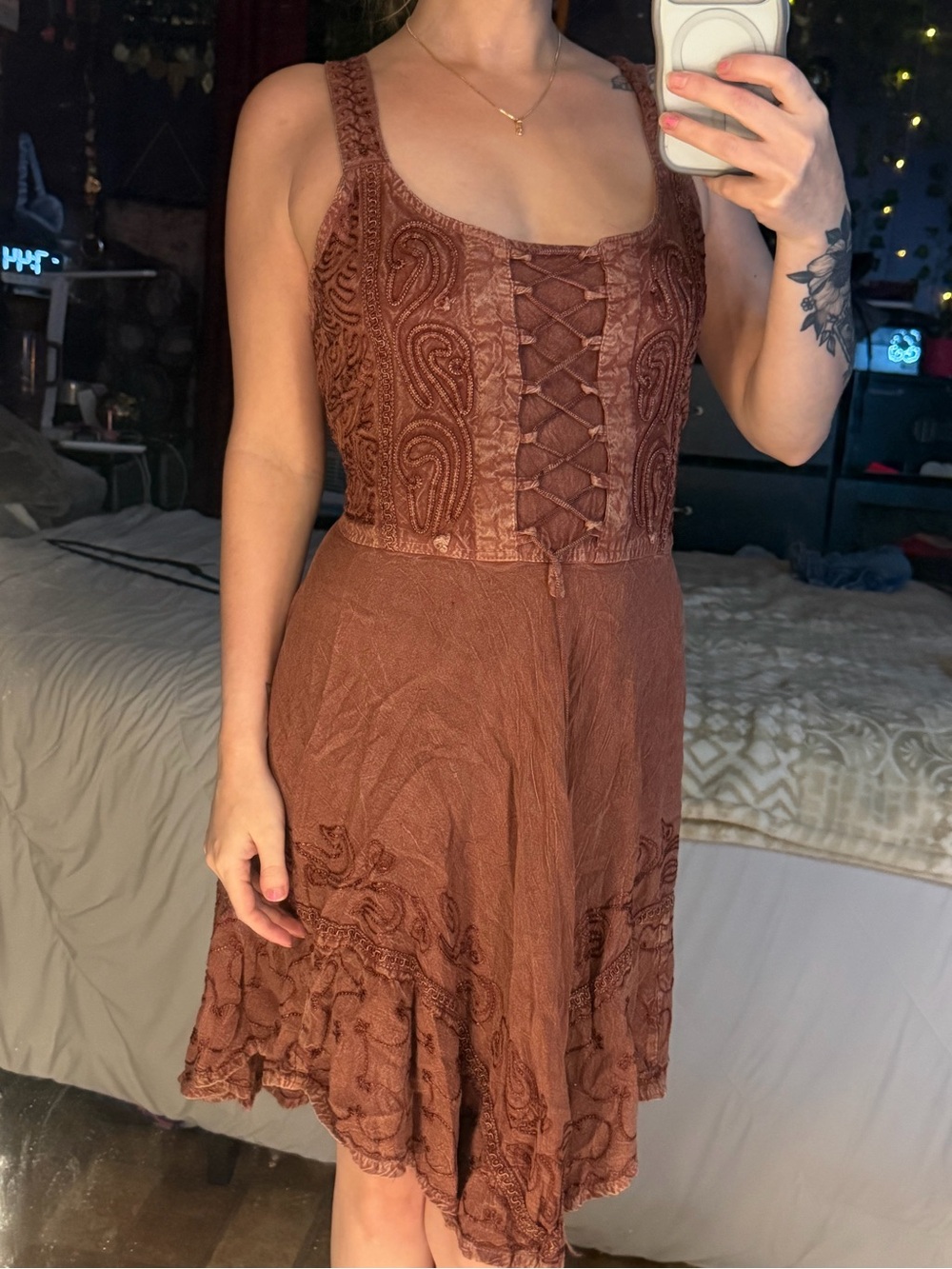 Boho / fairy lace Up Textured Mini Dress in Rich Brown